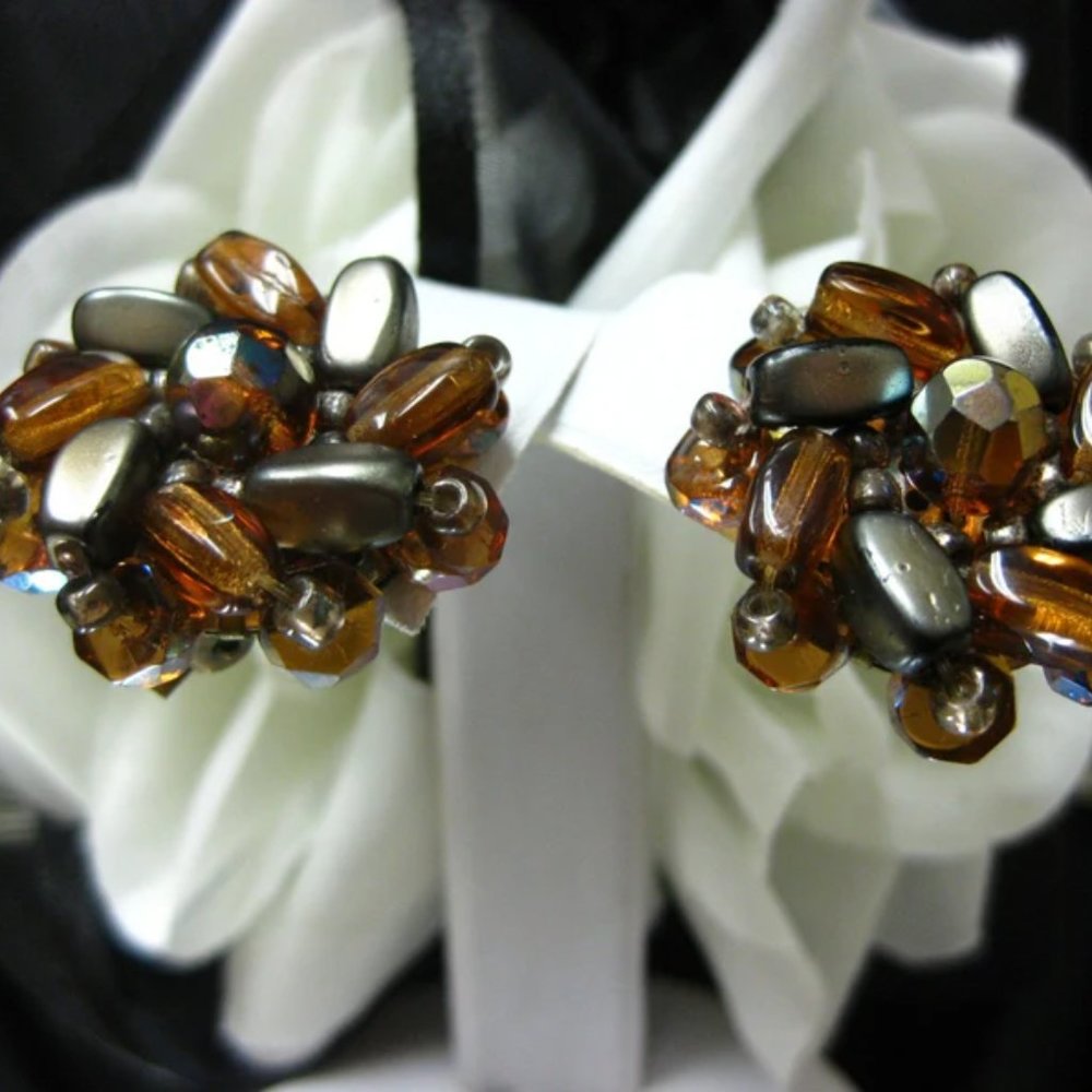 Art Deco Made GERMANY Cluster Earrings Glass  Cobalt grey Purple Clip on